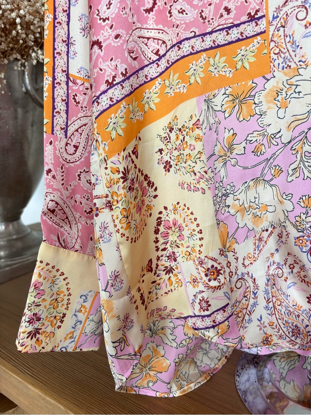 Zara S Patchwork Paisley Button Up Shirt in Pink and Cream Silk Feels Blouse - Picture 16 of 16